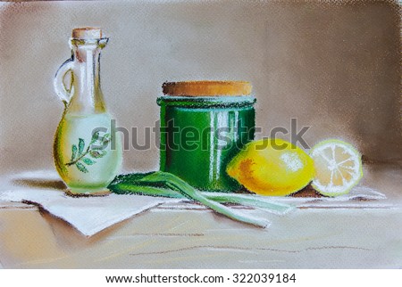 Still life with olive oil, citruses, onion and ceramic pot. Original pastel painting