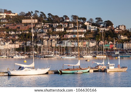 Row of boats moored on the River Dart with Kingswear in the background.