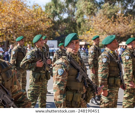RHODES TOWN GREECE - 28 OCT 2014: Greek soliders parade during the 28th October national holiday remembering the refusal of Greece in 1940 to accept the italian ultimatum advanced by Benito Mussolini.