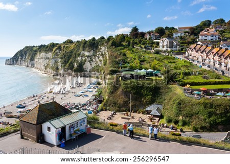 Overlooking the beach and cliffs at Beer in Lyme Bay Devon England UK Europe