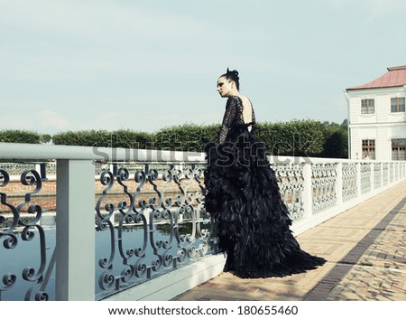Dark princess on the bridge. Fashion model posing in summer park.