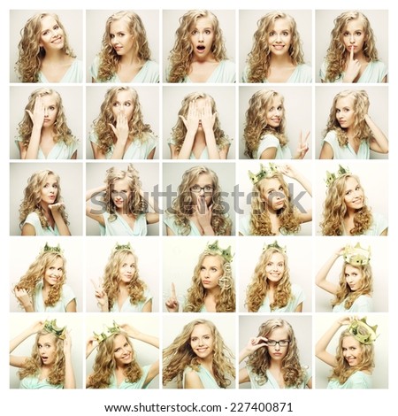 Collage of portraits of a beautiful young blond woman with crown