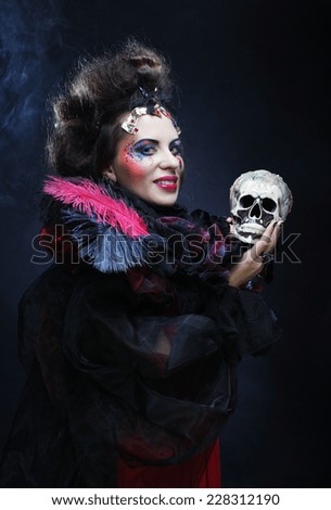 Picture a beautiful fantasy woman with skull. Halloween theme. Party theme.