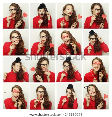 Collage of woman different facial expressions.Ready for party.
