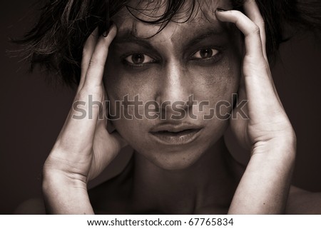 Sadness. Portrait young woman in depression.Creative make-up.