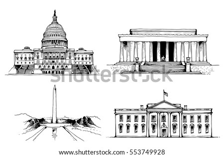 United States Capitol Building, White House, Washington Monument, Lincoln Memorial vector illustration. USA vector landmarks set isolated on white background