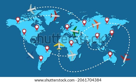 Planes routes flying over world map, tourism and travel concept Illustrations