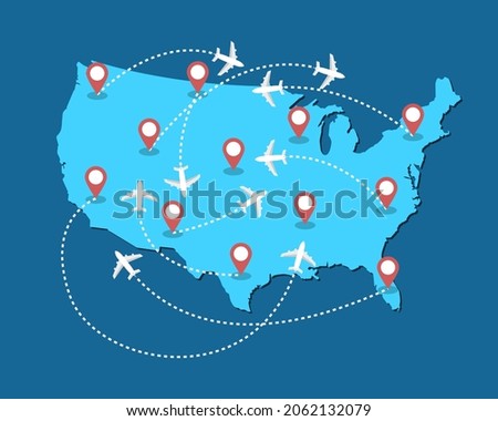 Planes routes flying over United States map, tourism and travel concept Illustrations