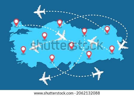 Planes routes flying over Turkey map, tourism and travel concept Illustrations