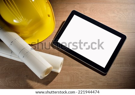 Tablet computer with architecture and construction tools and blueprints