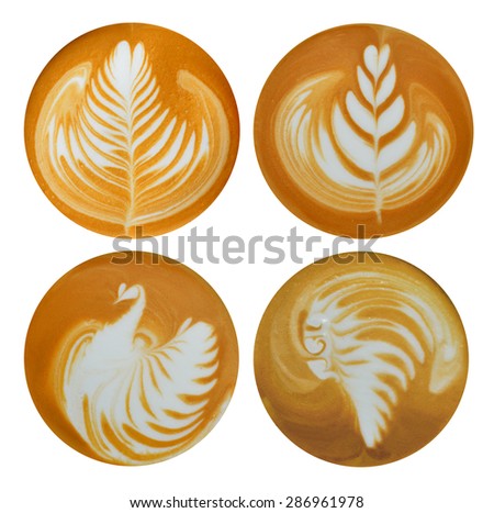 Set of leafs,bird,red indian Latte Art, coffee isolated on white background
