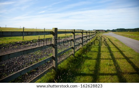 Fenced horse field with strong shadow