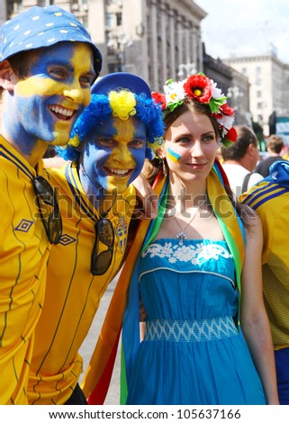 KYIV, UKRAINE - JUNE 19 2012: Official fan zone on Khreshatyk street. Sweden football fans before start match Sweden France, Group D.  EURO 2012 in Kyiv, 19 june 2012