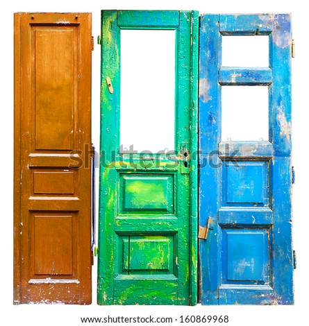 Three colored old wooden doors background