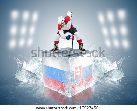 Russia - Slovakia game. Face-off player on the ice cube.