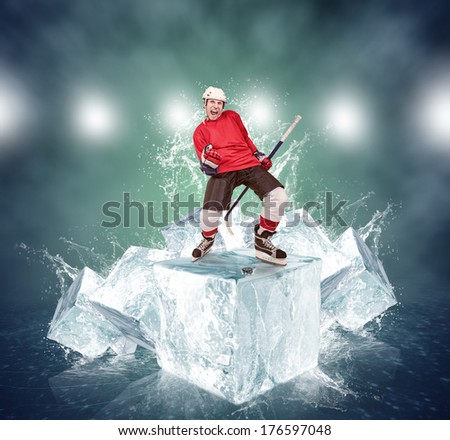 Screaming hockey player on abstract ice cubes background