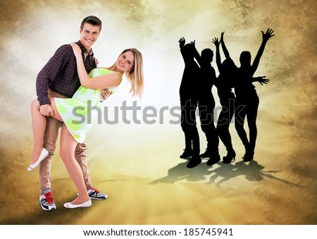 We love to dance all time. Dancing teen couple on bright grunge background