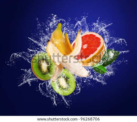 Abstract background with tropical fruits in water drops