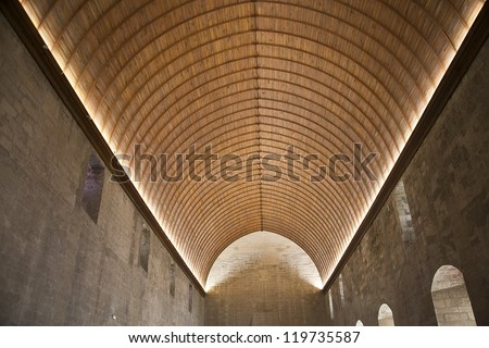 Arched wooden ceiling in the reception room of the Popes' Palace in the old walled city of Avignon in the Provence in the South of France.