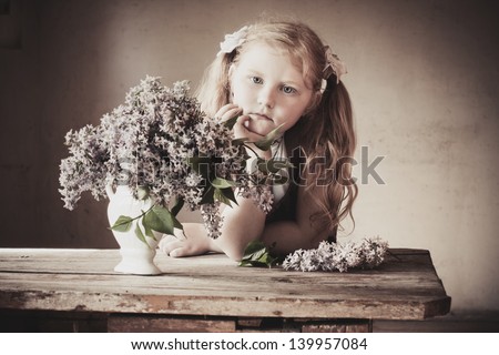 vintage portrait  sad girl with lilac