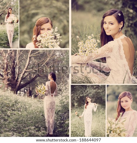 collage with beautiful bride outdoor