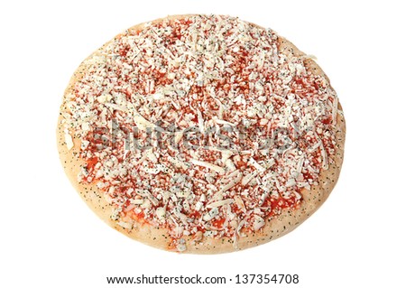 Frozen pizza on a white background.