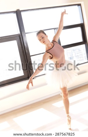 Full Length of Graceful Young Ballerina Wearing Pink Tutu en Pointe in Sunny Dance Studio
