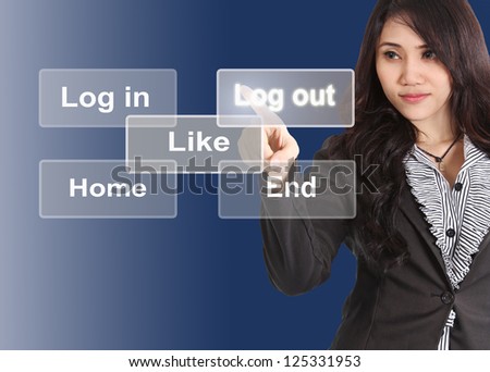 Business woman push her finger log out button on touchscreen