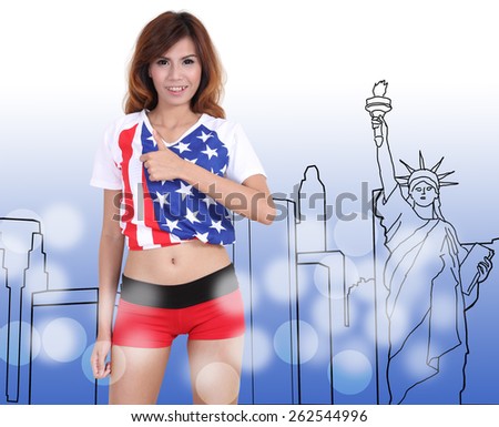 beautiful asian woman in american flag shirt and red shorts