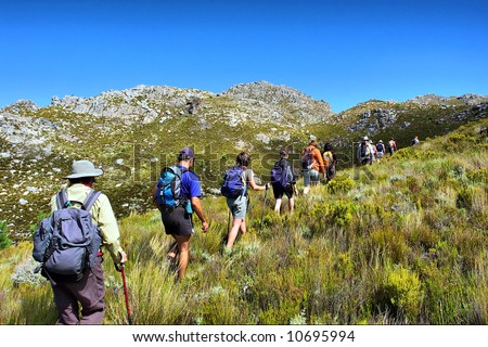 File of hikers walks in mountains. Shot on Pieke, Jonkershoek Nature Reserve, near Stellenbosch, Western Cape, South Africa. Zdjęcia stock © 