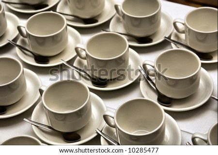 Array of tea/coffee cups in a restaurant. Shot in Stellenbosch, Western Cape, South Africa.