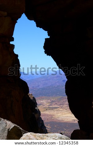 Gap between mountains against sky. Shot in Wolfberg Cracks, Cederberg, Western Cape, South Africa.