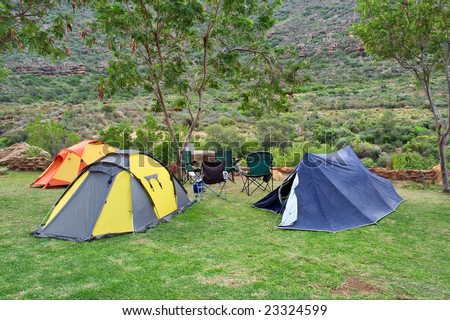 Group of tents in camping site. Shot in Gifberg Mountains, near Wanrhynsdorp, Western Cape, South Africa.