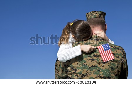 Similar – Image, Stock Photo Girl hugging military man after homecoming