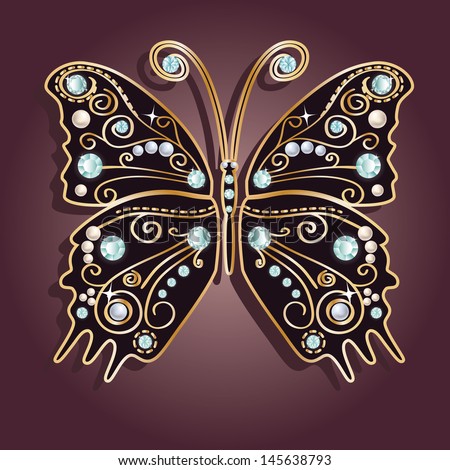 Glamour vector vintage golden butterfly with elegance ornament encrusted with blue jewels on purple background. with shadow