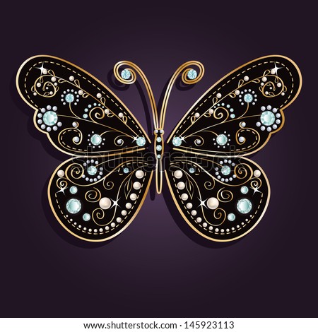 Glamour vector vintage golden butterfly with elegance ornament encrusted with blue jewels on dark purple background. with shadow