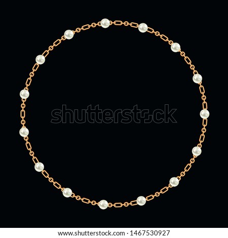 Round frame made with golden chain and white pearls. On black. Vector illustration