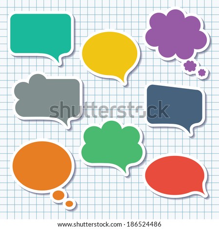 Blank empty ?olorful speech bubbles collection set with shadows and white border stroke isolated on squared notebook paper background. Vector illustration 