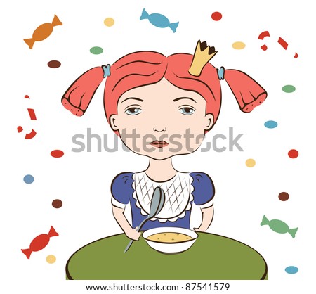 offended and sad girl did not want to eat soup. princess
