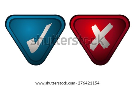 Checkmark and X Sign on Blue and Red Triangles, Vector Illustration isolated on White Background.