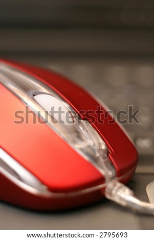 Closeup of computer mouse with three buttons and scrolling wheel. Soft-focused
