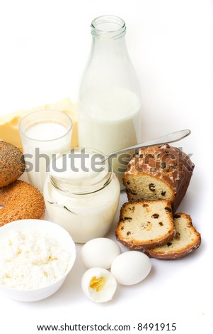 Healthy european breakfast  - milk, eggs, curd, etc.