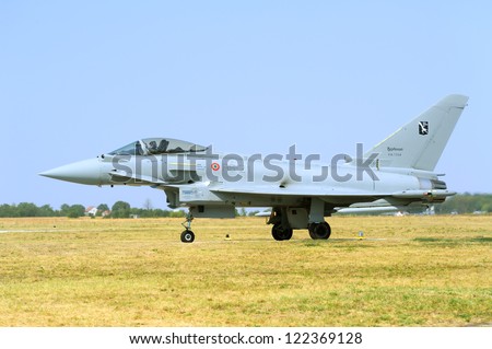 BATAJNICA, SERBIA - SEPTEMBER 2: Eurofighter Typhoon airplane of Italian air force and Major Campello during the celebration of 100 years of Serbian Air Force on September 2, 2012 in Batajnica, Serbia