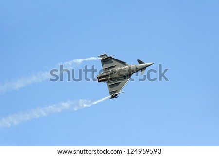 BATAJNICA, SERBIA - SEPTEMBER 2: Italian Eurofighter Typhoon fighter plane performing test flight during celebration of 100 years of Serbian Air force on September 2, 2012 in Batajnica, Serbia