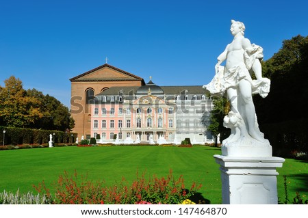 TRIER, GERMANY - OCTOBER 10: South wing of Prince-electors Palace. It was built in rococo style from 1756 by architect Johannes Seiz on October 10, 2012 in Trier, Germany