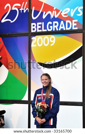 BELGRADE, SERBIIA - JULY 5: United States swimmer, Ava Ohigren, wins the Women's 400m Individual Medley at the 25th Summer Universiade held July 5, 2009 in Belgrade, Serbia.