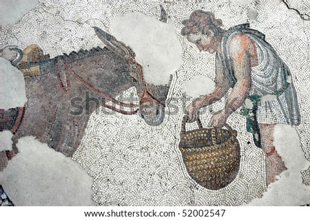 A human figure feeding a donkey, ancient byzantine mosaic from Istanbul