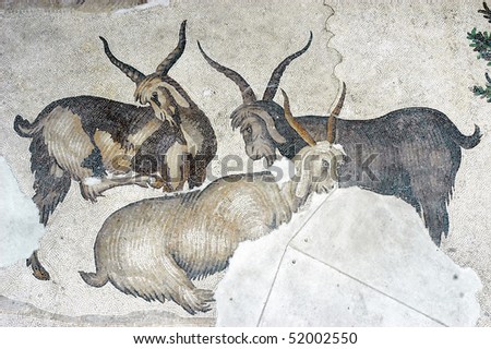 Pastoral scene, goats, ancient Byzantine mosaic from Istanbul, Turkey