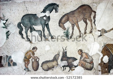Farmers milking goats, ancient byzantine mosaic from Istanbul, Turkey