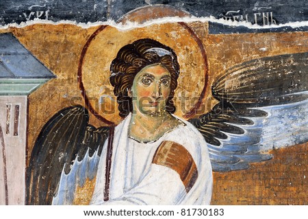 White Angel or Myrrhbearers on Christ\'s Grave is world famous fresco from the Mileseva monastery circa 1230 AD in Serbia, it depicts an angel sitting in front of the tomb of Christ